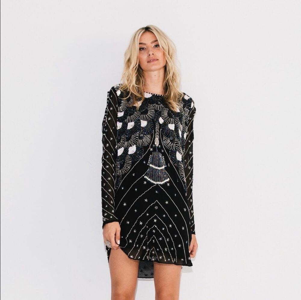 Jen’s Pirate Booty x Free People Dali Black Beaded Peacock Shift Mini Dress